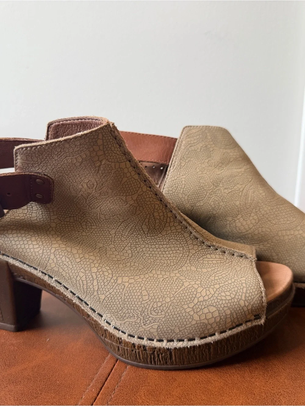 Dansko Taupe Brown Open-Toe Platform Slingback Wedges